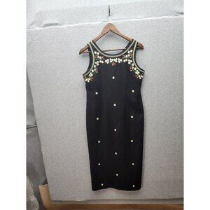Vtg Black Sleeveless Ultra Dress W/Floral & Strawberry Embroidery Button Accents